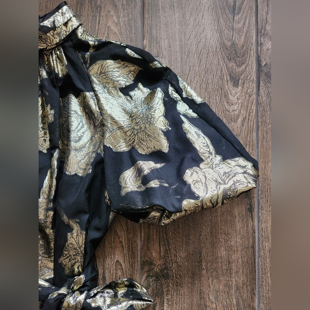 NWT Alex Marie Black Gold Rose Floral Print Black Ruffle Midi Puff Sleeve Dress - Picture 7 of 14